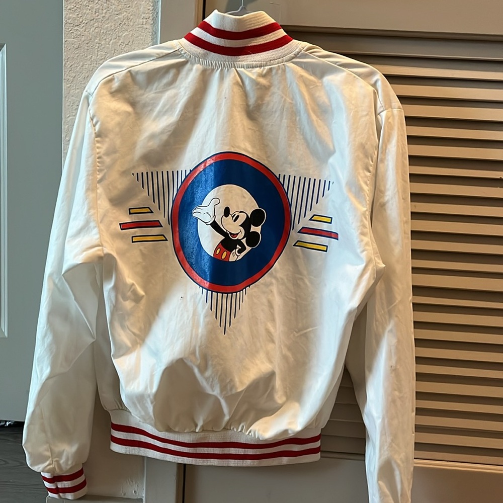 90S AUTHENTIC VINTAGE DISNEY WHITE MICKEY MOUSE BOMBER JACKET AVIATOR LETTERMAN